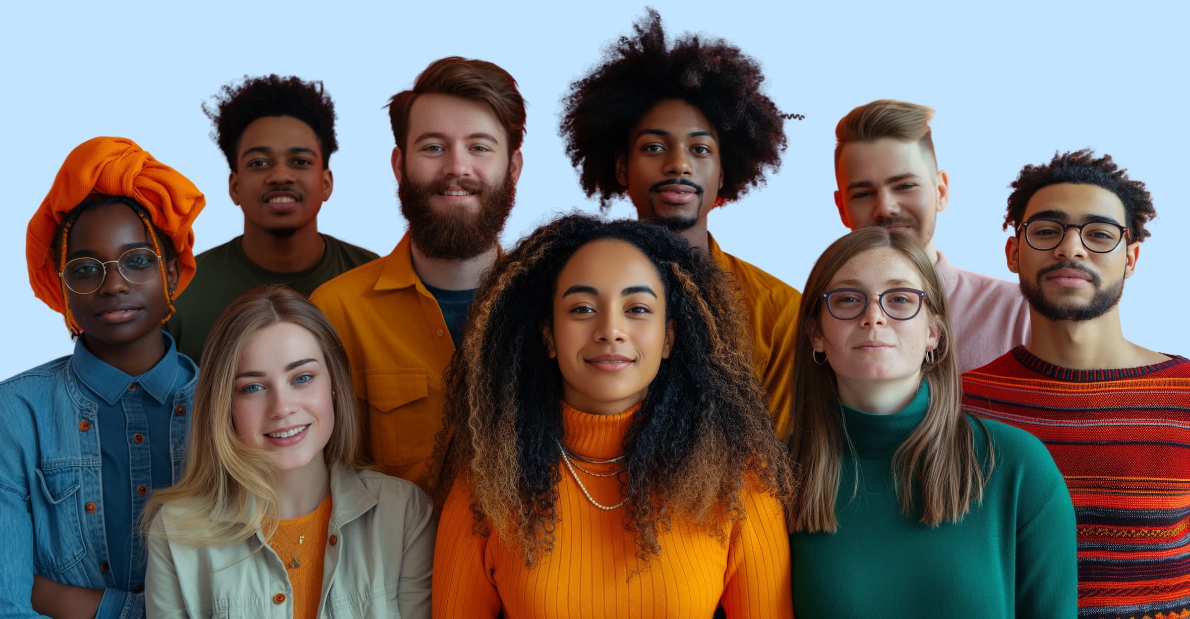 A group portrait of 9 people in their twenties, all smiling and looking at the camera. The background is sky blue.